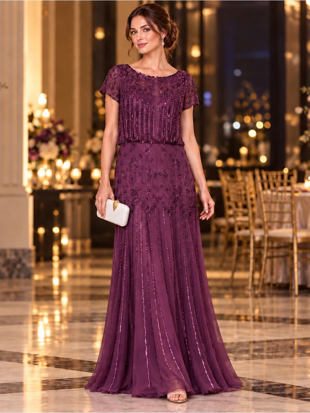 Adrianna Papell Size 10P Cassis Beaded Evening Gown Short Sleeve Formal Dress